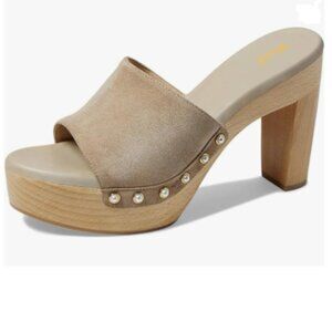 miss left Light Coffee Platform Chunky High Heel Mules Open Toe Studded Sandal